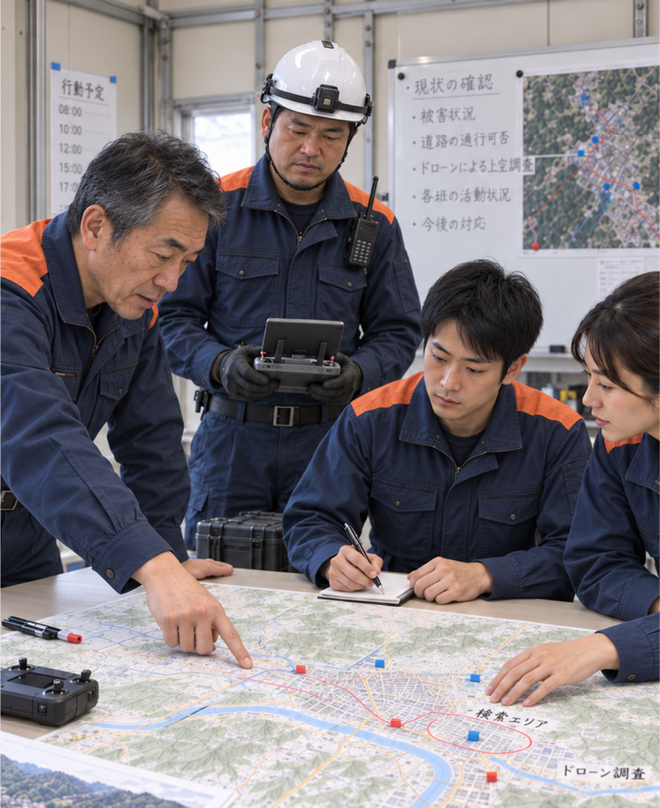 地図を囲んで作戦を確認する消防隊員