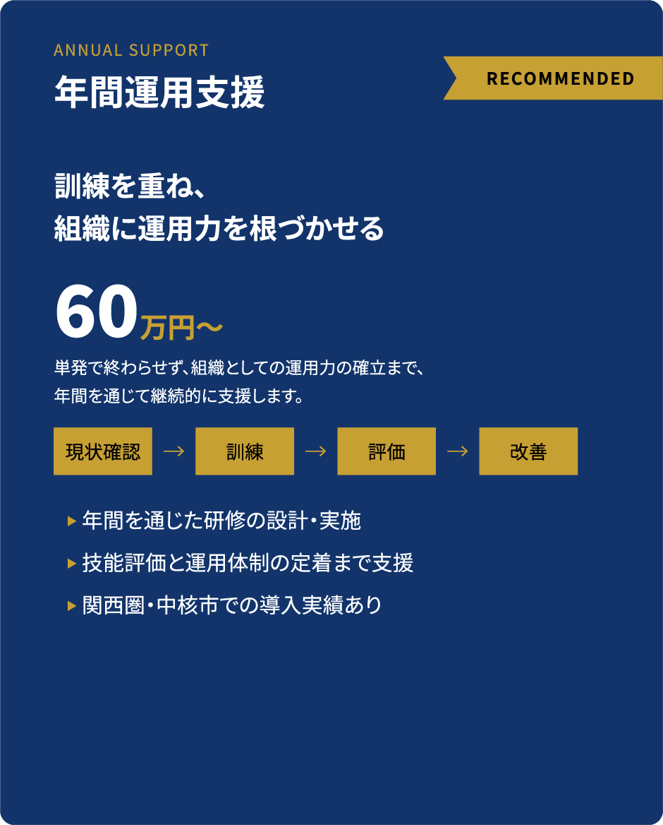 年間運用支援（RECOMMENDED）　訓練を重ね、組織に運用力を根づかせる　60万円～　単発で終わらせず、組織としての運用力の確立まで、年間を通じて継続的に支援します。現状確認→訓練→評価→改善　年間を通じた研修の設計・実施／技能評価と運用体制の定着まで支援／関西圏・中核市での導入実績あり